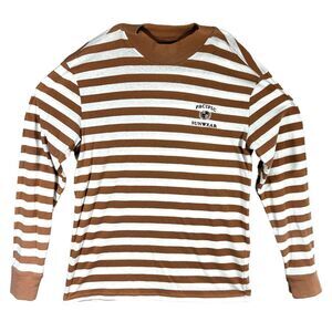 Pacsun Men's Pacific Sunwear Logo Preppy Tan White Striped Long-sleeved Crewneck